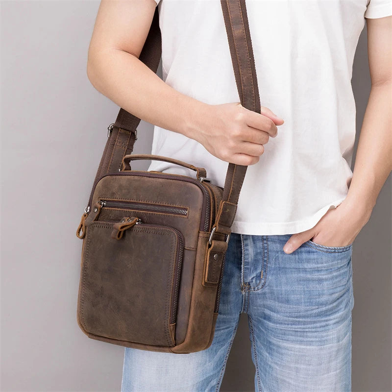 Newsbirds Leder-Umhängetasche, Vintage-Stil, Umhängetasche, Bücher, Schultasche für Männer, männlich, tägliche Umhängetasche, Crazy Horse Skin