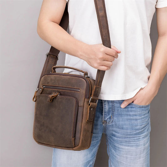 Newsbirds Leder-Umhängetasche, Vintage-Stil, Umhängetasche, Bücher, Schultasche für Männer, männlich, tägliche Umhängetasche, Crazy Horse Skin