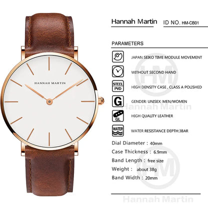 Hannah Martin Marke Mode Japan Quarz Armbanduhren Silber Braun Leder Männer Uhr Wasserdichte Kleid Uhr Männer Casual