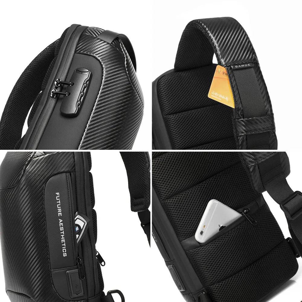 BANGE Verbesserte Männer Wasserdichte Multifunktions Carbon Faser Muster Umhängetasche USB Sling Schulter Taschen Messenger Brust Tasche Pack