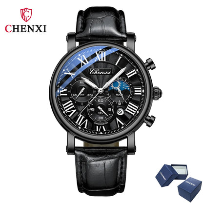 CHENXI 973 Multifunktions-Business-Mondphase, Datum, wasserdicht, Rom, analog, importiert, Herren-Armbanduhr, Zifferblatt, Quarz-Lederuhren
