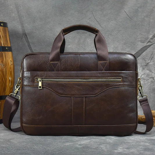 Aktentasche aus echtem Leder für 15,6-Zoll-Laptop-Computertasche, Rindsleder-Handtasche für Männer, männliche Leder-Umhängetasche