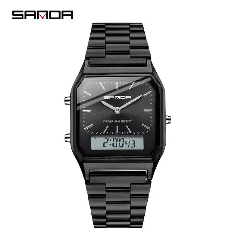 Sanda Luxus Herren g Stil Uhren Edelstahl Damen LED Digital Dual Display Uhr Unisex wasserdichte Sport Quarzuhr