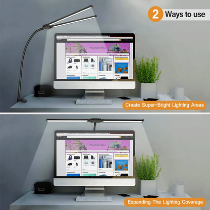 Doppelkopf-Schreibtischlampe mit LED-Clip, Architekten-Tischlampe für die Beleuchtung im Home-Office, 3-Farben-Modus und 10 dimmbare Schreibtischlampen mit Augenschutz