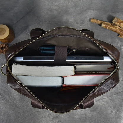 Aktentasche aus echtem Leder für 15,6-Zoll-Laptop-Computertasche, Rindsleder-Handtasche für Männer, männliche Leder-Umhängetasche