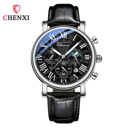 CHENXI 973 Multifunktions-Business-Mondphase, Datum, wasserdicht, Rom, analog, importiert, Herren-Armbanduhr, Zifferblatt, Quarz-Lederuhren