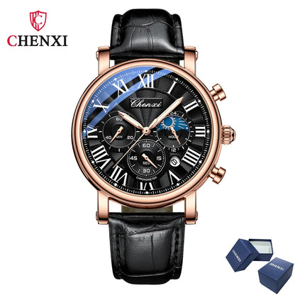CHENXI 973 Multifunktions-Business-Mondphase, Datum, wasserdicht, Rom, analog, importiert, Herren-Armbanduhr, Zifferblatt, Quarz-Lederuhren