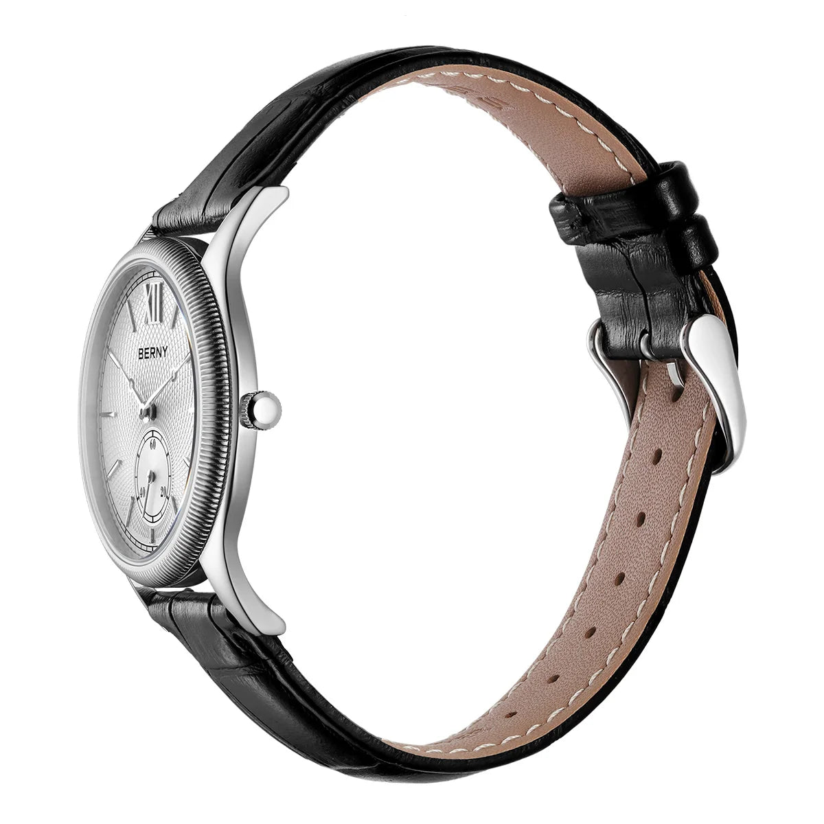 BERNY Herrenuhren, luxuriös, klassisch, stilvoll, Kleid, Quarzuhr, ultradünnes Edelstahlgehäuse, elegante Lederarmband-Armbanduhr