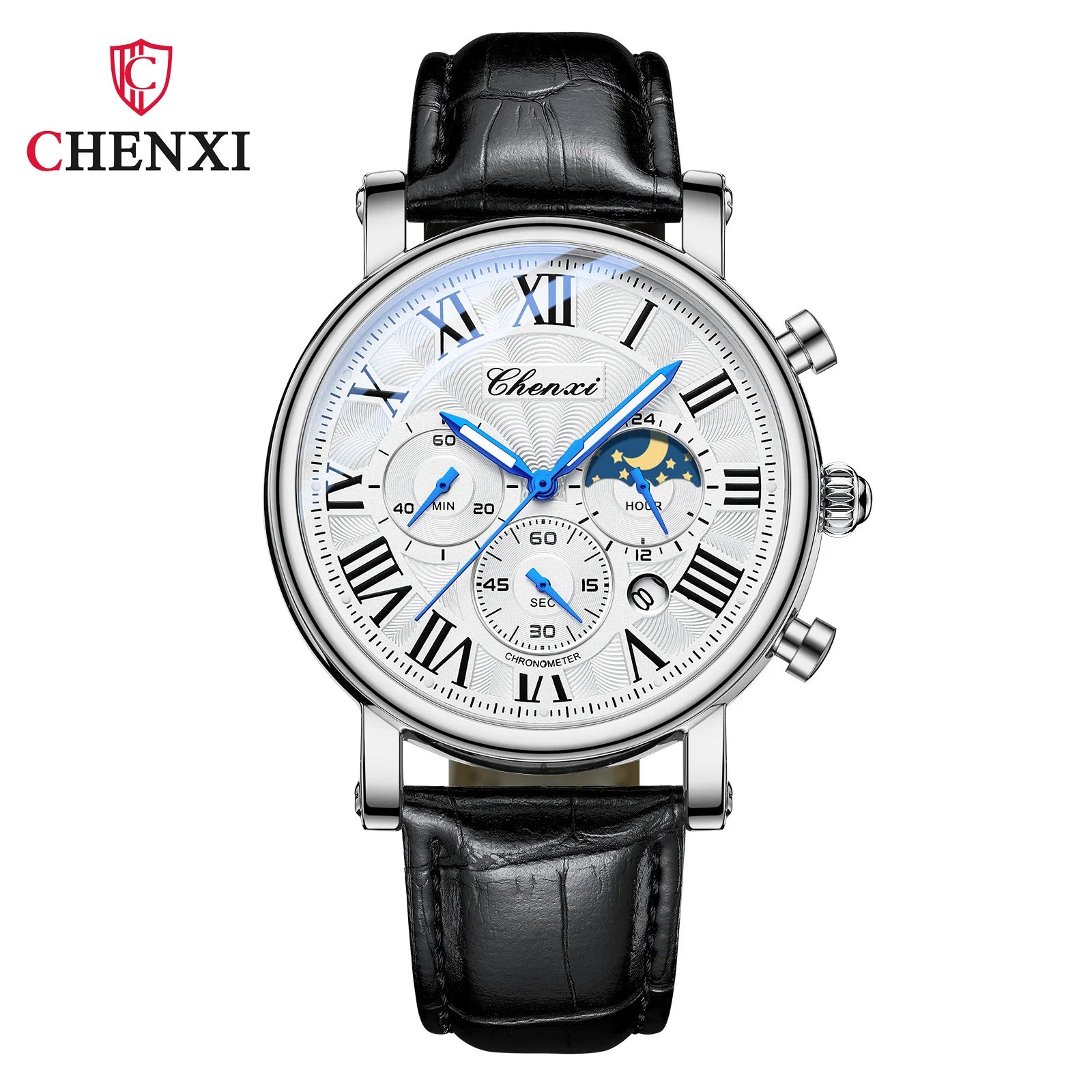 CHENXI 973 Multifunktions-Business-Mondphase, Datum, wasserdicht, Rom, analog, importiert, Herren-Armbanduhr, Zifferblatt, Quarz-Lederuhren