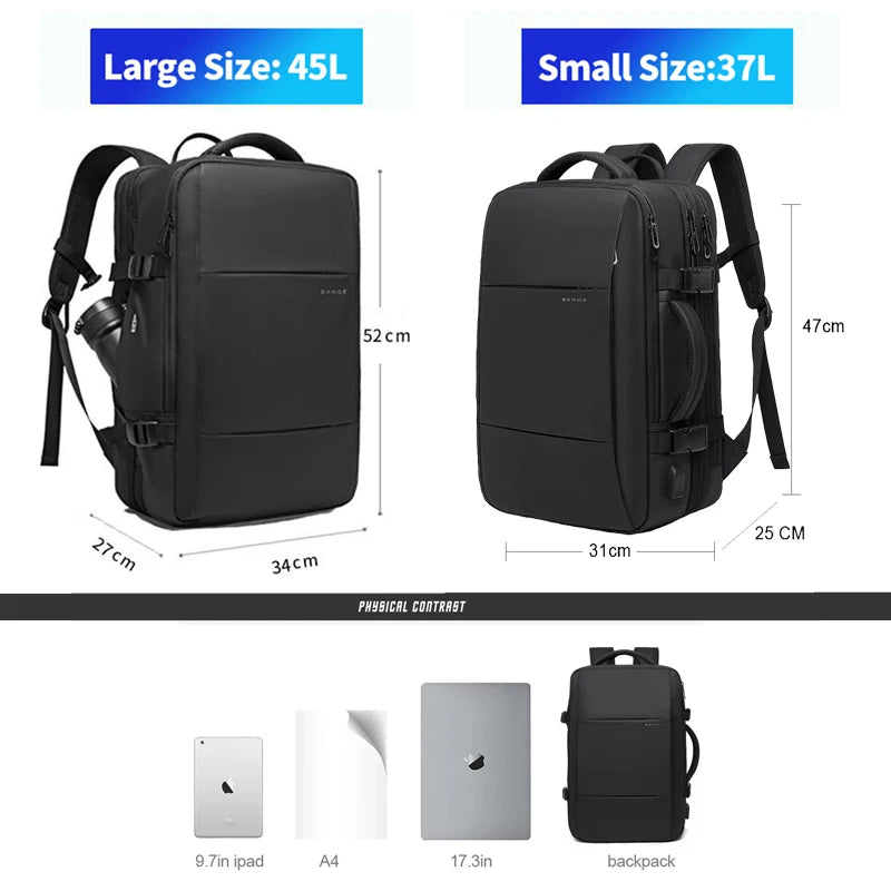 BANGE Erweiterbarer Herrenrucksack, wasserdicht, 17,3-Zoll-Laptop-Rucksack, große Kapazität, Wandern, Reisetasche, männliche Rucksäcke für Männer