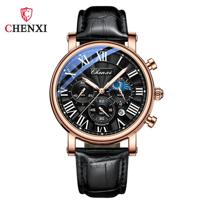 CHENXI 973 Multifunktions-Business-Mondphase, Datum, wasserdicht, Rom, analog, importiert, Herren-Armbanduhr, Zifferblatt, Quarz-Lederuhren