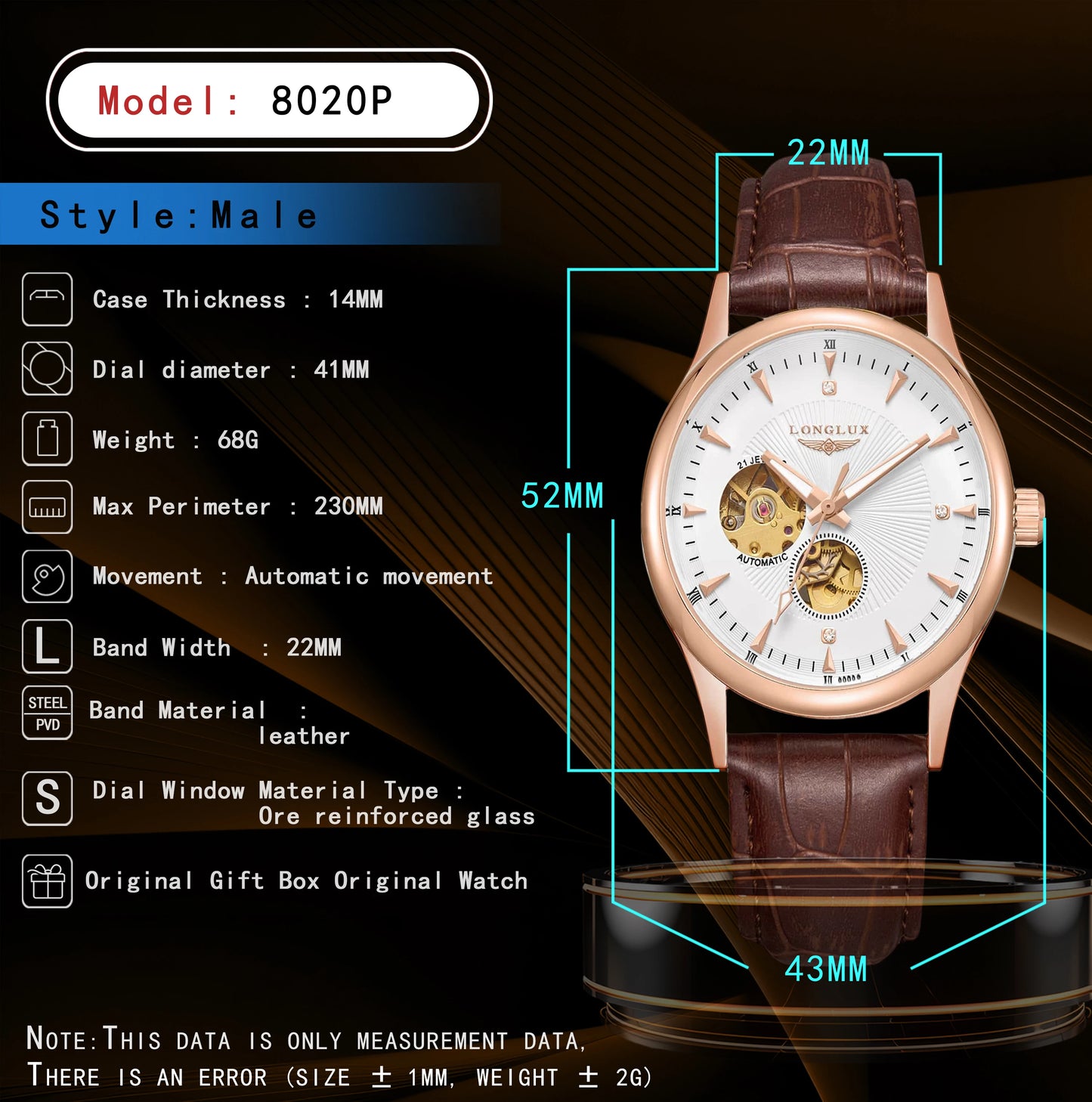 LONGLUX Automatikuhr eleganter Stil Großhandel mechanische Armbanduhren Skelett Rom wasserdichte Herrenuhr Männer Geschenk
