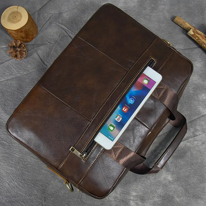 Aktentasche aus echtem Leder für 15,6-Zoll-Laptop-Computertasche, Rindsleder-Handtasche für Männer, männliche Leder-Umhängetasche