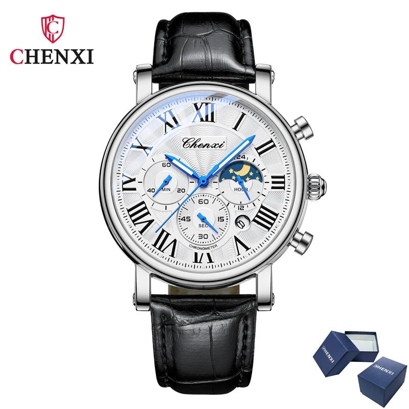 CHENXI 973 Multifunktions-Business-Mondphase, Datum, wasserdicht, Rom, analog, importiert, Herren-Armbanduhr, Zifferblatt, Quarz-Lederuhren