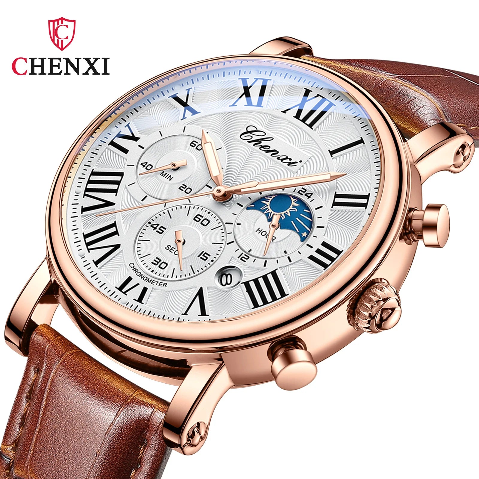 CHENXI 973 Multifunktions-Business-Mondphase, Datum, wasserdicht, Rom, analog, importiert, Herren-Armbanduhr, Zifferblatt, Quarz-Lederuhren