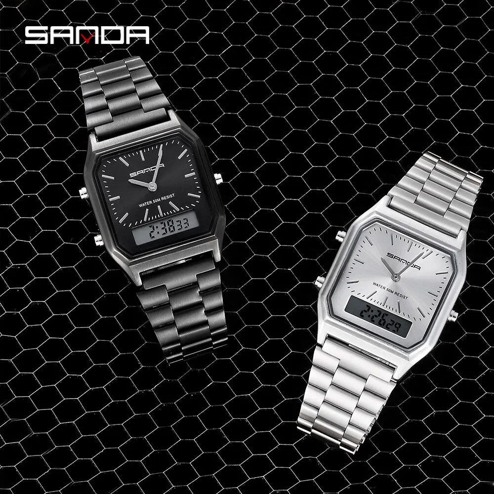 Sanda Luxus Herren g Stil Uhren Edelstahl Damen LED Digital Dual Display Uhr Unisex wasserdichte Sport Quarzuhr