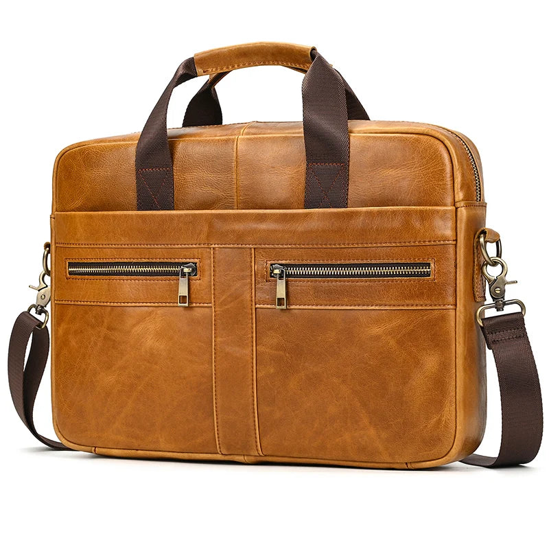 Aktentasche aus echtem Leder für 15,6-Zoll-Laptop-Computertasche, Rindsleder-Handtasche für Männer, männliche Leder-Umhängetasche