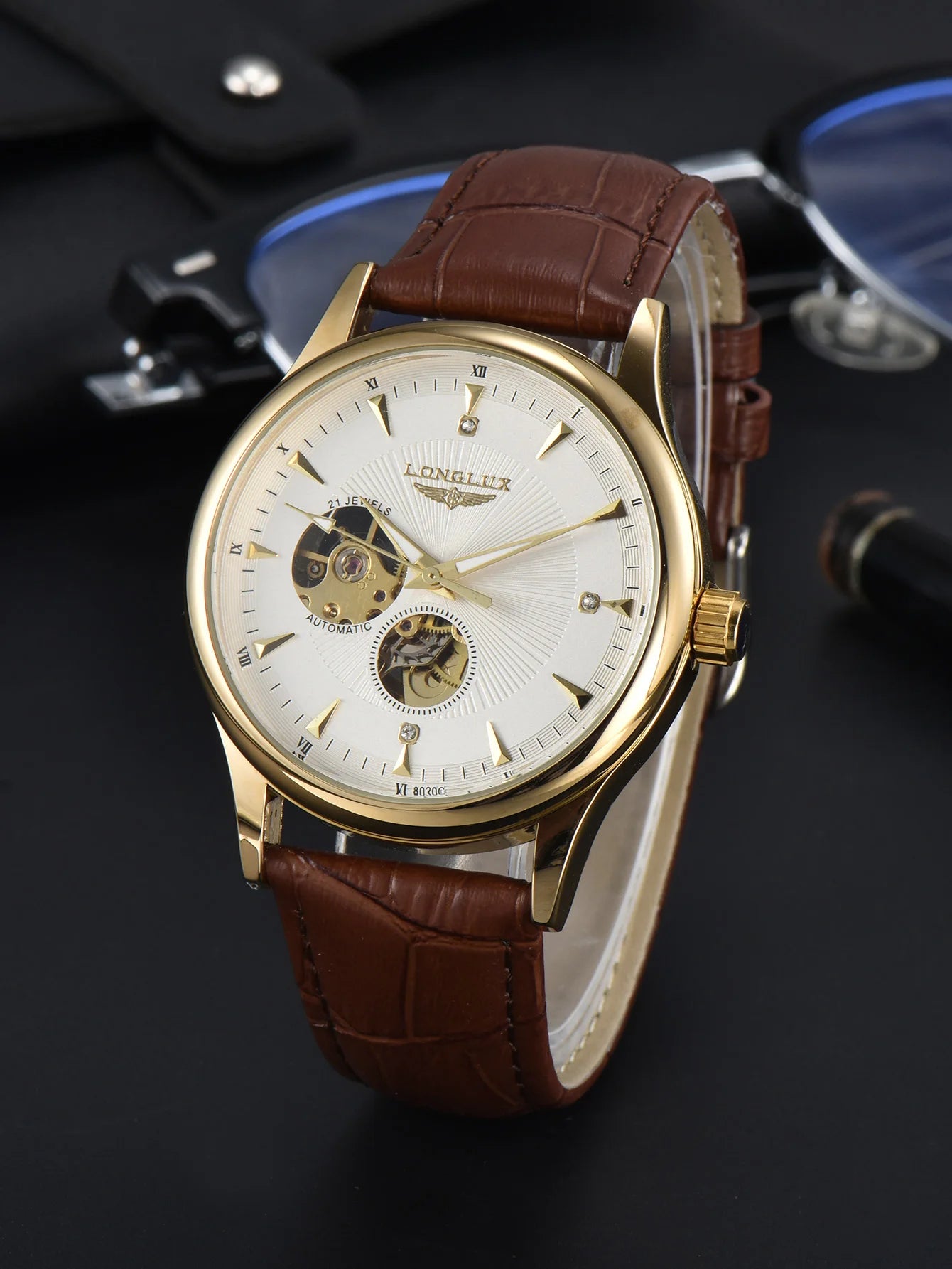 LONGLUX Automatikuhr eleganter Stil Großhandel mechanische Armbanduhren Skelett Rom wasserdichte Herrenuhr Männer Geschenk