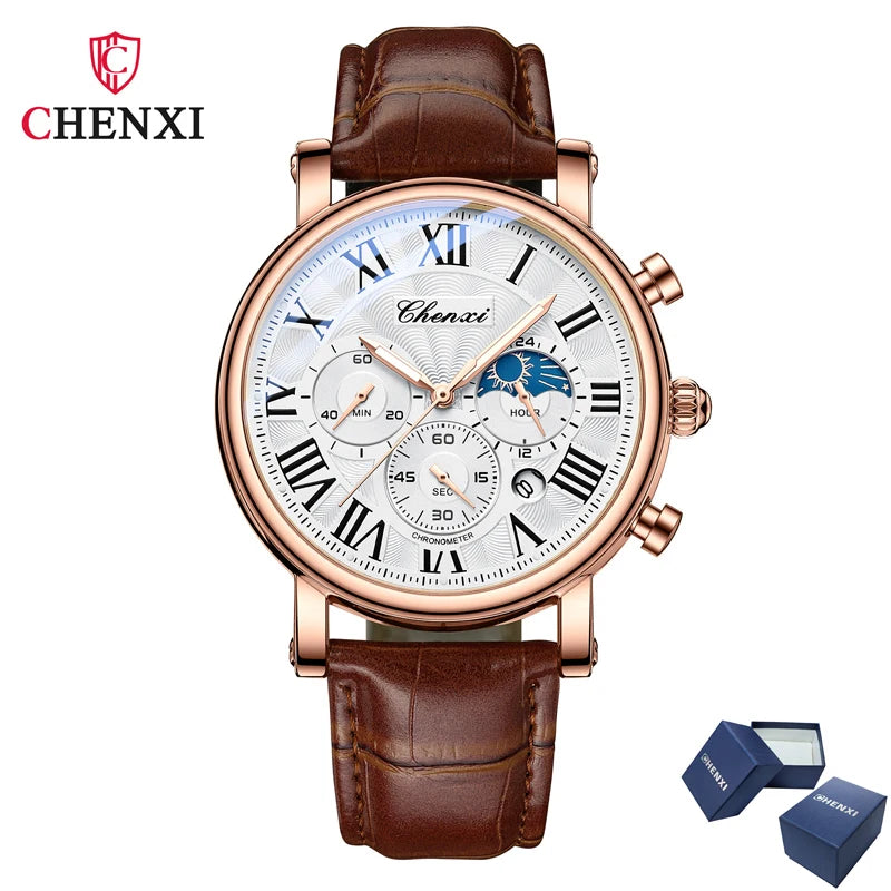 CHENXI 973 Multifunktions-Business-Mondphase, Datum, wasserdicht, Rom, analog, importiert, Herren-Armbanduhr, Zifferblatt, Quarz-Lederuhren