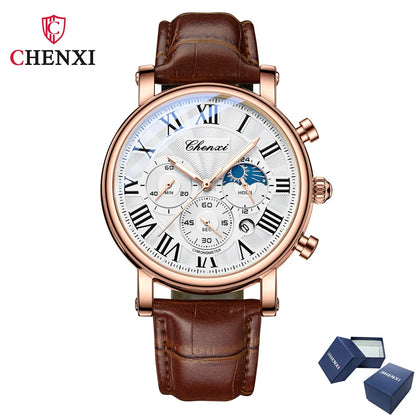 CHENXI 973 Multifunktions-Business-Mondphase, Datum, wasserdicht, Rom, analog, importiert, Herren-Armbanduhr, Zifferblatt, Quarz-Lederuhren