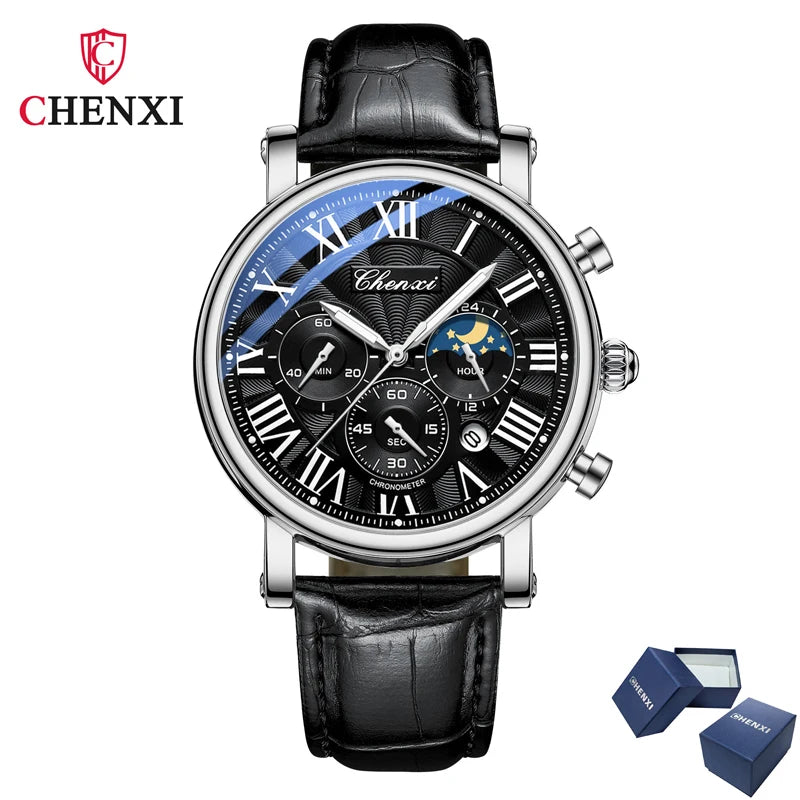 CHENXI 973 Multifunktions-Business-Mondphase, Datum, wasserdicht, Rom, analog, importiert, Herren-Armbanduhr, Zifferblatt, Quarz-Lederuhren