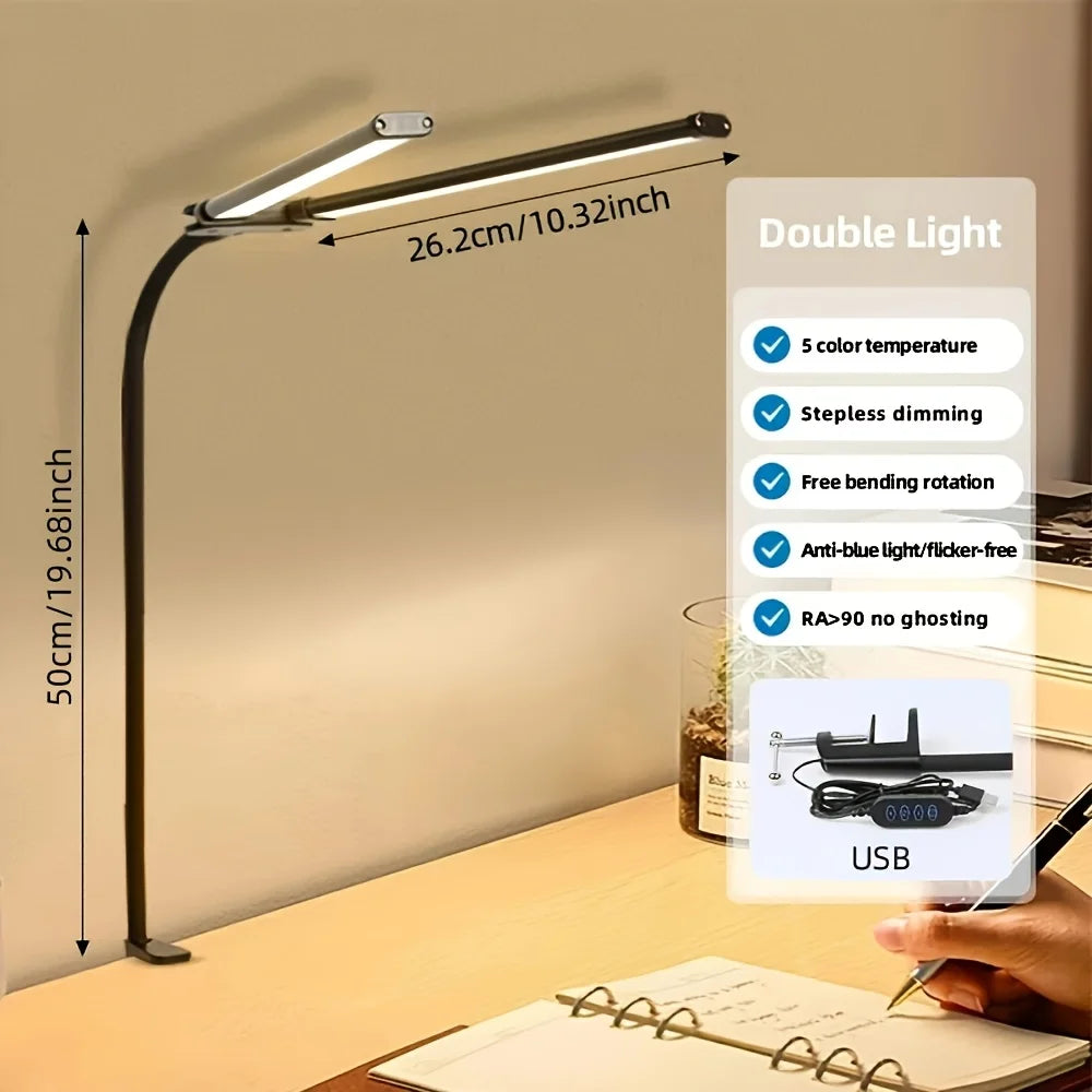 Doppelkopf-Schreibtischlampe mit LED-Clip, Architekten-Tischlampe für die Beleuchtung im Home-Office, 3-Farben-Modus und 10 dimmbare Schreibtischlampen mit Augenschutz
