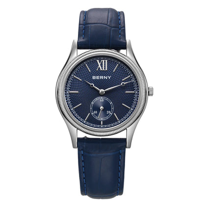 BERNY Herrenuhren, luxuriös, klassisch, stilvoll, Kleid, Quarzuhr, ultradünnes Edelstahlgehäuse, elegante Lederarmband-Armbanduhr