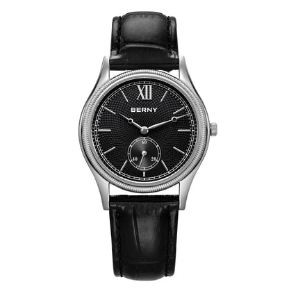 BERNY Herrenuhren, luxuriös, klassisch, stilvoll, Kleid, Quarzuhr, ultradünnes Edelstahlgehäuse, elegante Lederarmband-Armbanduhr