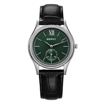 BERNY Herrenuhren, luxuriös, klassisch, stilvoll, Kleid, Quarzuhr, ultradünnes Edelstahlgehäuse, elegante Lederarmband-Armbanduhr