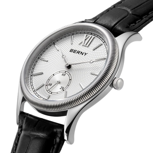 BERNY Herrenuhren, luxuriös, klassisch, stilvoll, Kleid, Quarzuhr, ultradünnes Edelstahlgehäuse, elegante Lederarmband-Armbanduhr