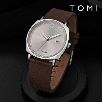 TOMI Herrenuhr, minimalistische Mode, Sportuhr, Kalender, Leder, lässig, Quarzuhr