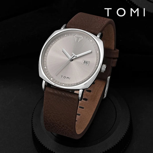 TOMI Herrenuhr, minimalistische Mode, Sportuhr, Kalender, Leder, lässig, Quarzuhr