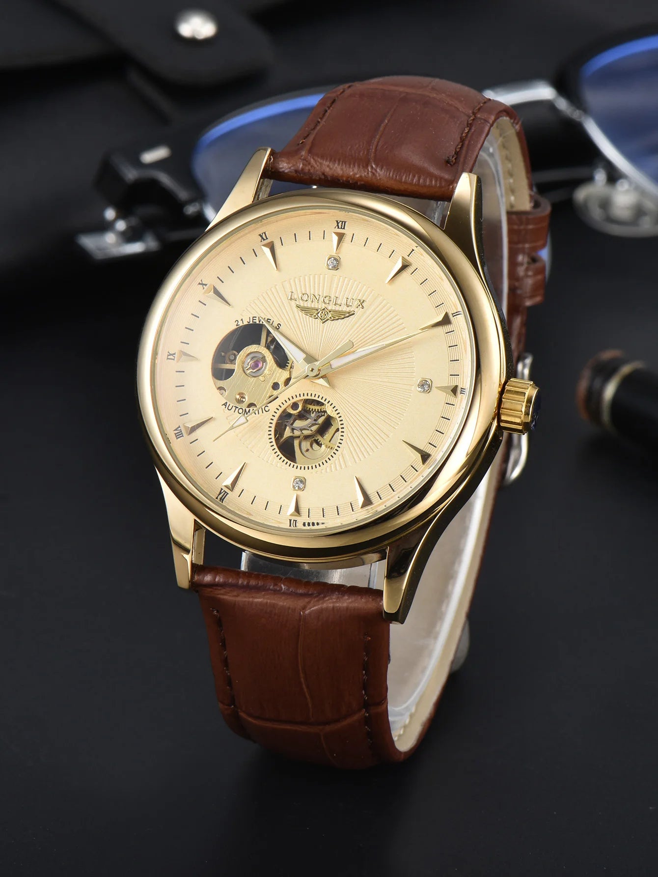 LONGLUX Automatikuhr eleganter Stil Großhandel mechanische Armbanduhren Skelett Rom wasserdichte Herrenuhr Männer Geschenk