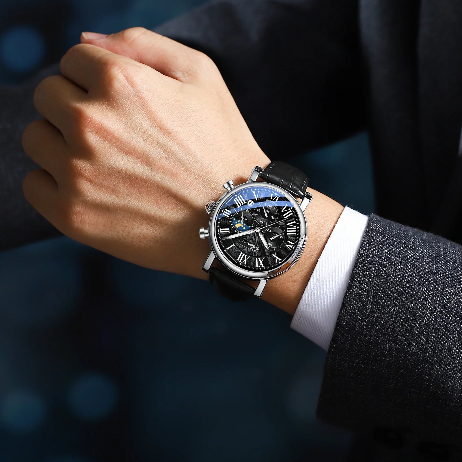 CHENXI 973 Multifunktions-Business-Mondphase, Datum, wasserdicht, Rom, analog, importiert, Herren-Armbanduhr, Zifferblatt, Quarz-Lederuhren