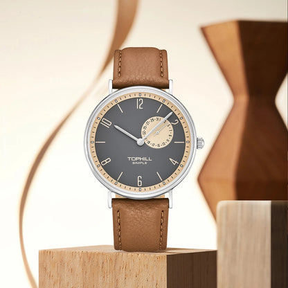 TOPHILL Bauhaus-Quarzuhr für Herren, ultradünn, 40 mm, minimalistisches Zifferblatt, Saphirglas, Lederarmband, Edelstahlgehäuse