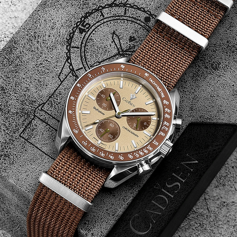 CADISEN Neue Herrenuhren Luxus Quarz Armbanduhr Für Männer Saphir AR Beschichtet Kristall Leinwand VK68 Geschwindigkeit Chronograph Automatik