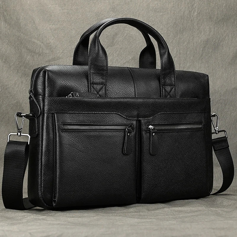 Aktentasche aus echtem Leder für 15,6-Zoll-Laptop-Computertasche, Rindsleder-Handtasche für Männer, männliche Leder-Umhängetasche