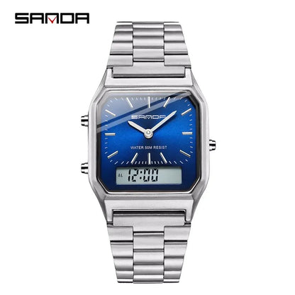 Sanda Luxus Herren g Stil Uhren Edelstahl Damen LED Digital Dual Display Uhr Unisex wasserdichte Sport Quarzuhr