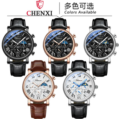 CHENXI 973 Multifunktions-Business-Mondphase, Datum, wasserdicht, Rom, analog, importiert, Herren-Armbanduhr, Zifferblatt, Quarz-Lederuhren