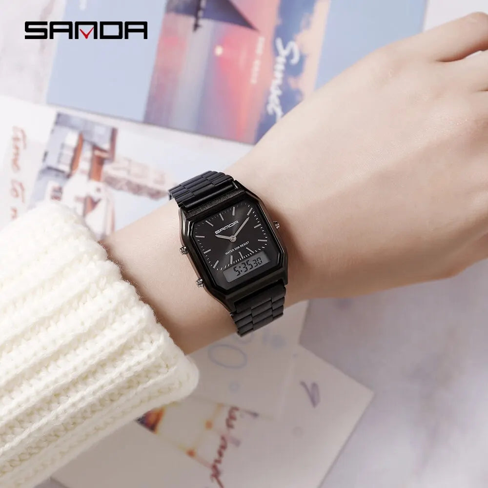 Sanda Luxus Herren g Stil Uhren Edelstahl Damen LED Digital Dual Display Uhr Unisex wasserdichte Sport Quarzuhr