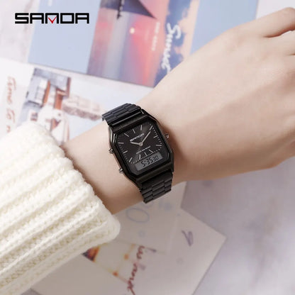 Sanda Luxus Herren g Stil Uhren Edelstahl Damen LED Digital Dual Display Uhr Unisex wasserdichte Sport Quarzuhr