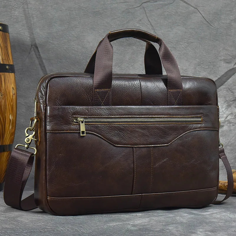 Aktentasche aus echtem Leder für 15,6-Zoll-Laptop-Computertasche, Rindsleder-Handtasche für Männer, männliche Leder-Umhängetasche