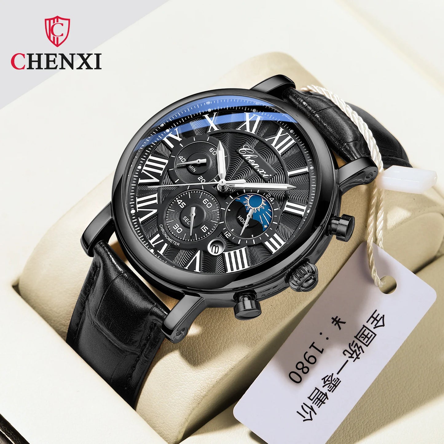 CHENXI 973 Multifunktions-Business-Mondphase, Datum, wasserdicht, Rom, analog, importiert, Herren-Armbanduhr, Zifferblatt, Quarz-Lederuhren