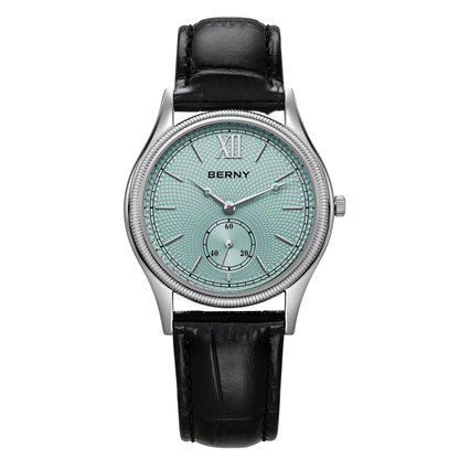 BERNY Herrenuhren, luxuriös, klassisch, stilvoll, Kleid, Quarzuhr, ultradünnes Edelstahlgehäuse, elegante Lederarmband-Armbanduhr