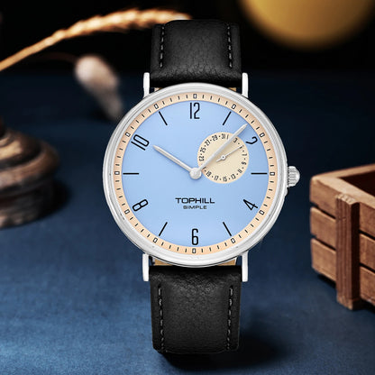 TOPHILL Bauhaus-Quarzuhr für Herren, ultradünn, 40 mm, minimalistisches Zifferblatt, Saphirglas, Lederarmband, Edelstahlgehäuse