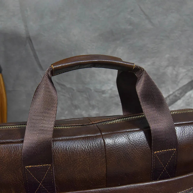 Aktentasche aus echtem Leder für 15,6-Zoll-Laptop-Computertasche, Rindsleder-Handtasche für Männer, männliche Leder-Umhängetasche