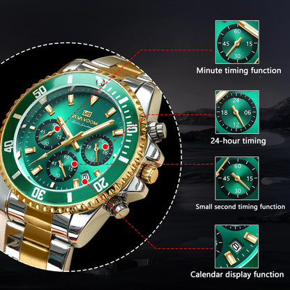 Multifunktionale Herren-Quarzuhr, luxuriös, Wasser, Nachtlicht, Business-Stil, Taucher-Serie, Edelstahl, Freizeit, modische Armbanduhr