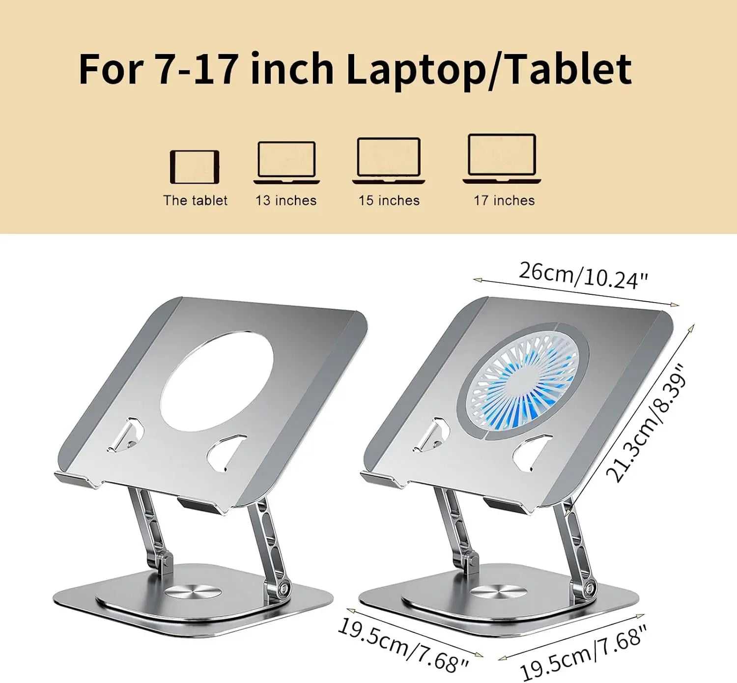 Laptopständer 360° °   Drehbarer Tablet-Kühlständer aus Aluminiumlegierung mit klappbarem Lüfter, Kühlerunterstützung, rutschfest, für 7–17 Zoll