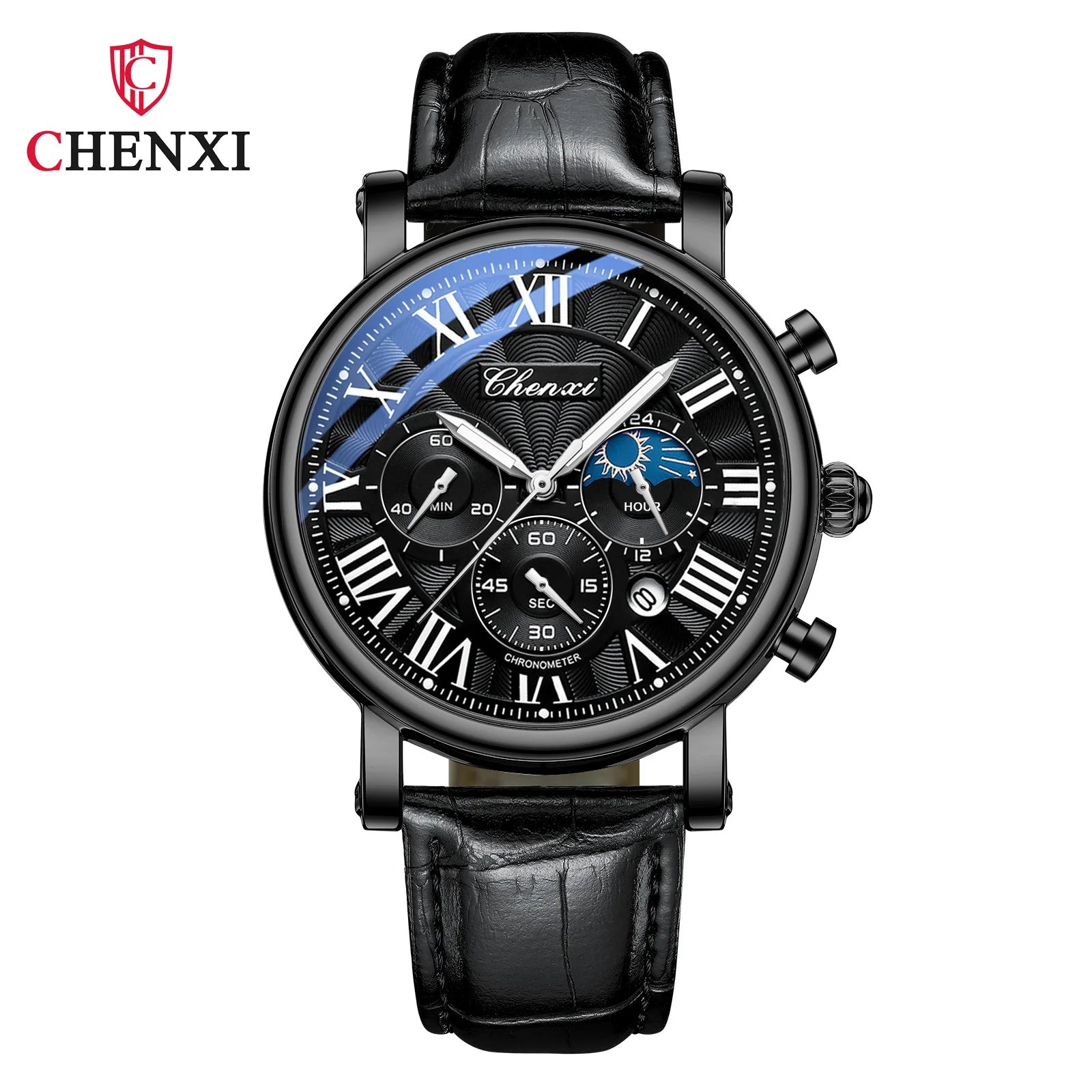 CHENXI 973 Multifunktions-Business-Mondphase, Datum, wasserdicht, Rom, analog, importiert, Herren-Armbanduhr, Zifferblatt, Quarz-Lederuhren