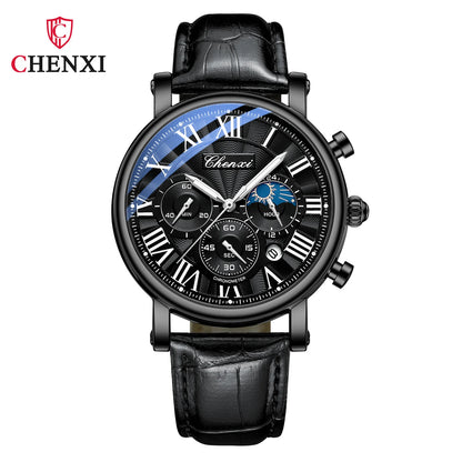 CHENXI 973 Multifunktions-Business-Mondphase, Datum, wasserdicht, Rom, analog, importiert, Herren-Armbanduhr, Zifferblatt, Quarz-Lederuhren